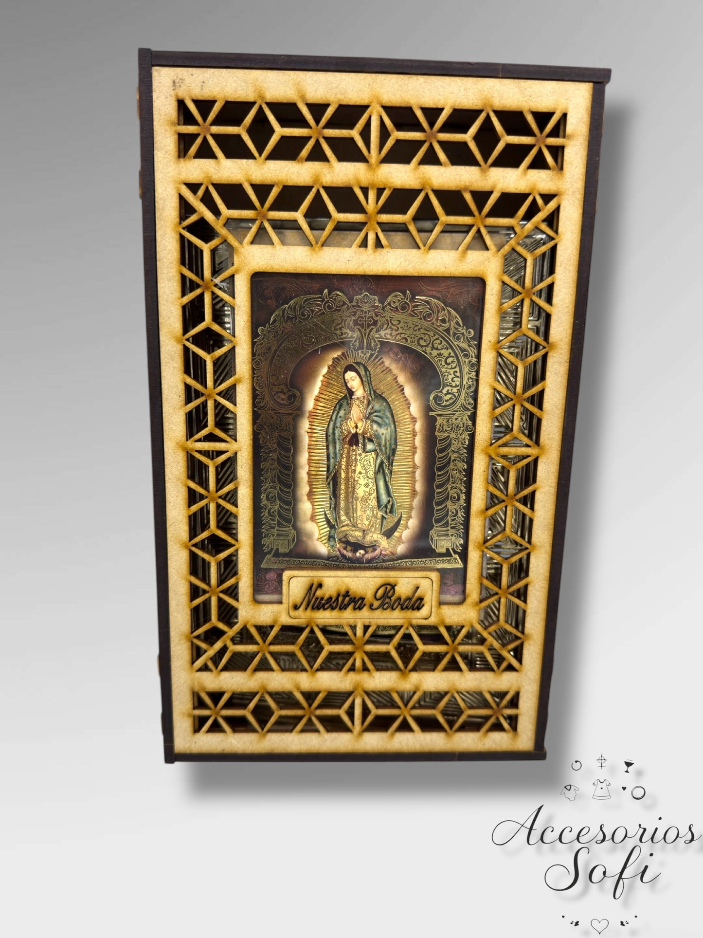Biblia de Boda con Virgen de Guadalupe y Estuche Repujado en Madera