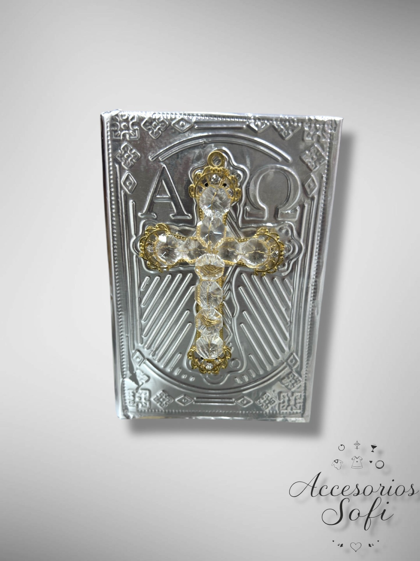 Biblia de Boda Plateada con Cruz en Relieve y Detalles Dorados