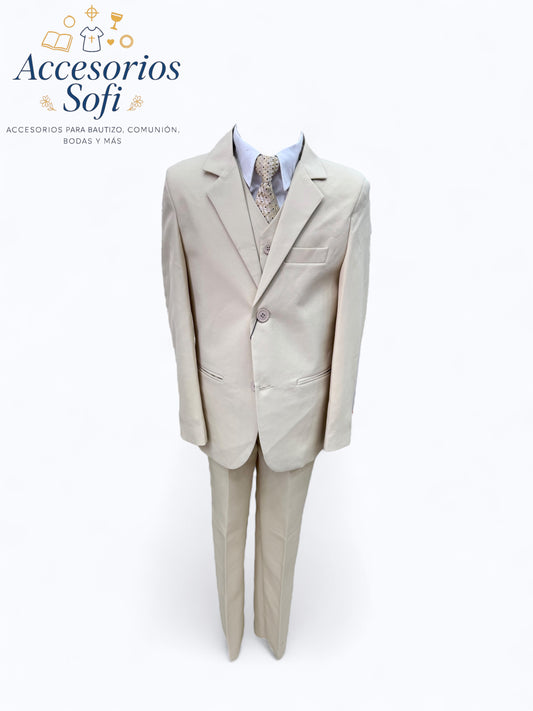Traje Beige Champagne para Niño – 5 Piezas Elegantes