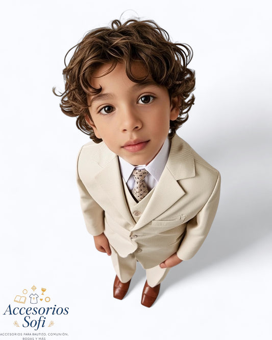 Traje Beige Champagne para Niño – 5 Piezas Elegantes